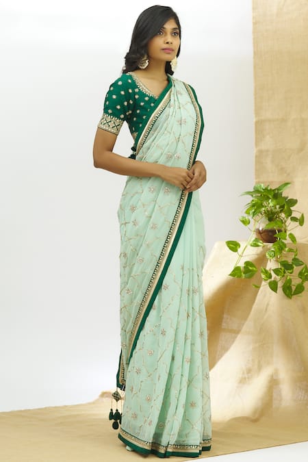 Aariyana Couture_Green Georgette, Denim Embroidery, Sequins Round Embellished Saree With Blouse_Online_at_Aza_Fashions