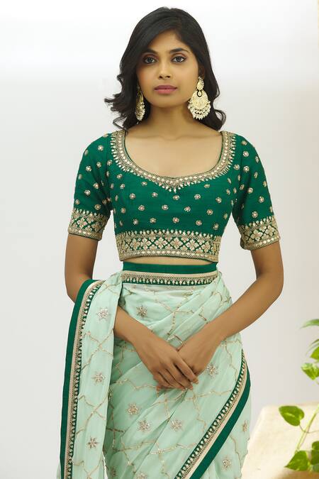 Buy_Aariyana Couture_Green Georgette, Denim Embroidery, Sequins Round Embellished Saree With Blouse_Online_at_Aza_Fashions
