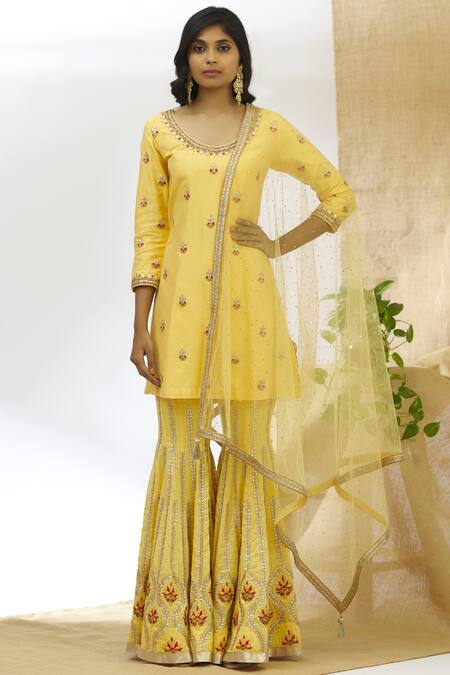 Aariyana Couture_Yellow Cotton, Silk, Muslin, Net Embroidery Round Neck Kurta Sharara Set_Online_at_Aza_Fashions