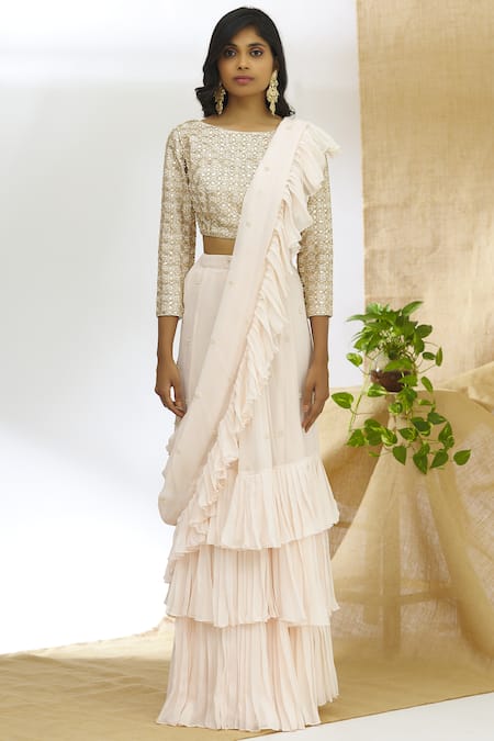 Shop_Ariyana by Aza_Peach Georgette Round Ruffle Lehenga Saree Set _Online_at_Aza_Fashions