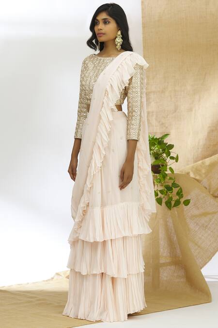 Buy_Ariyana by Aza_Peach Georgette Round Ruffle Lehenga Saree Set _Online_at_Aza_Fashions