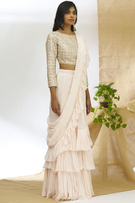 Ariyana by Aza_Peach Georgette Round Ruffle Lehenga Saree Set _Online_at_Aza_Fashions
