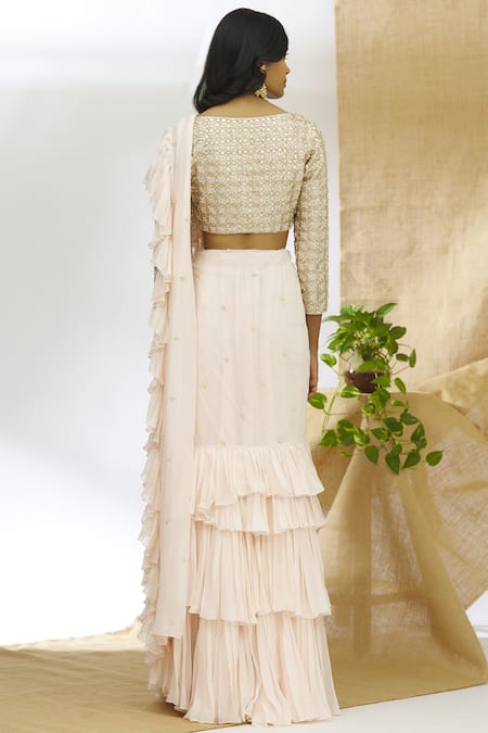 Shop_Ariyana by Aza_Peach Georgette Round Ruffle Lehenga Saree Set _at_Aza_Fashions