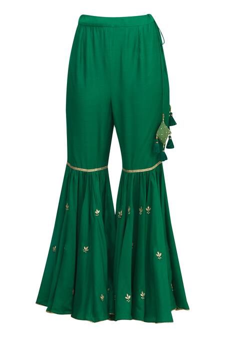 Shop_Aariyana Couture_Green Muslin, Net, Silk Embroidery Round Neck Kurta Sharara Set_Online_at_Aza_Fashions
