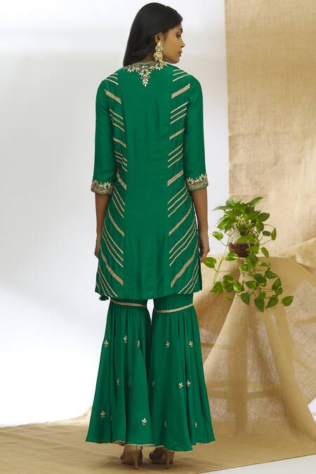 Shop_Aariyana Couture_Green Muslin, Net, Silk Embroidery Round Neck Kurta Sharara Set_at_Aza_Fashions