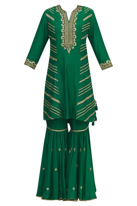 Buy_Aariyana Couture_Green Muslin, Net, Silk Embroidery Round Neck Kurta Sharara Set_Online_at_Aza_Fashions