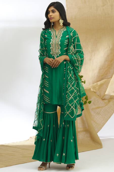 Aariyana Couture_Green Muslin, Net, Silk Embroidery Round Neck Kurta Sharara Set_Online_at_Aza_Fashions