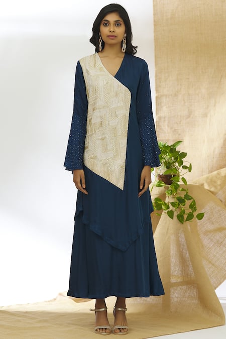 Shop_Aariyana Couture_Blue Modal, Satin, Taffeta, Dupion Embroidery V-neck Embellished Layered Tunic _Online_at_Aza_Fashions