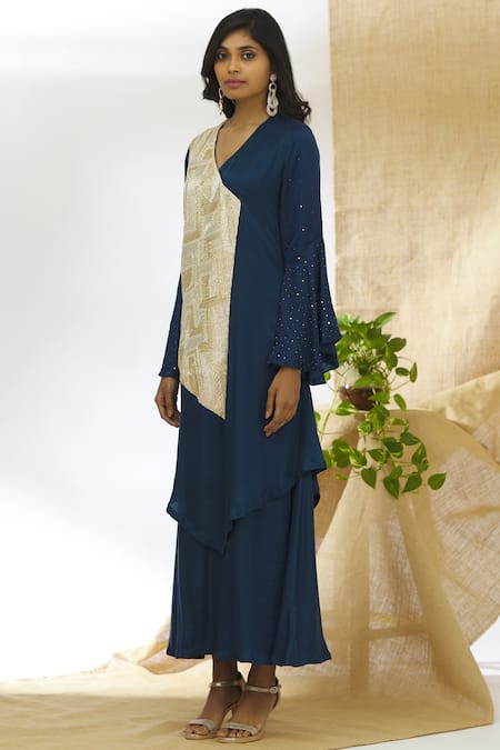 Buy_Aariyana Couture_Blue Modal, Satin, Taffeta, Dupion Embroidery V-neck Embellished Layered Tunic _Online_at_Aza_Fashions