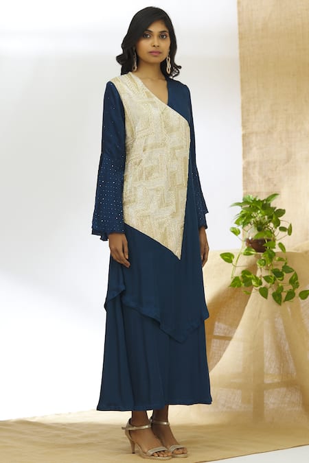 Aariyana Couture_Blue Modal, Satin, Taffeta, Dupion Embroidery V-neck Embellished Layered Tunic _Online_at_Aza_Fashions