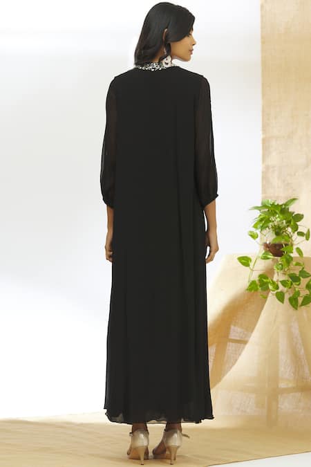 Shop Aariyana Couture Black Georgette, Taffeta Embroidery V-neck Layered Draped Tunic at Aza Fashions Shop_Aariyana Couture_Black Georgette, Taffeta Embroidery V-neck Layered Draped Tunic_at_Aza_Fashions