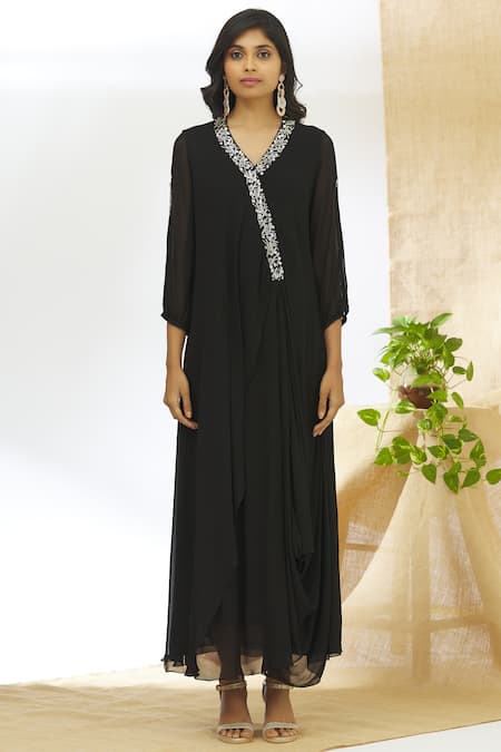 Shop Aariyana Couture Black Georgette, Taffeta Embroidery V-neck Layered Draped Tunic Online at Aza Fashions Shop_Aariyana Couture_Black Georgette, Taffeta Embroidery V-neck Layered Draped Tunic_Online_at_Aza_Fashions
