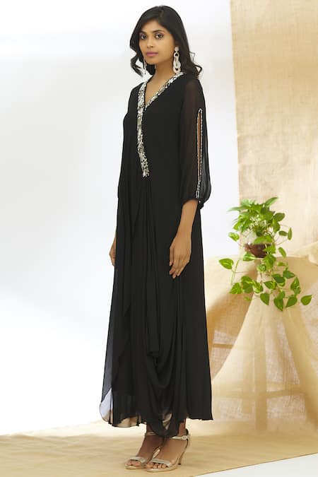 Buy Aariyana Couture Black Georgette, Taffeta Embroidery V-neck Layered Draped Tunic Online at Aza Fashions Buy_Aariyana Couture_Black Georgette, Taffeta Embroidery V-neck Layered Draped Tunic_Online_at_Aza_Fashions