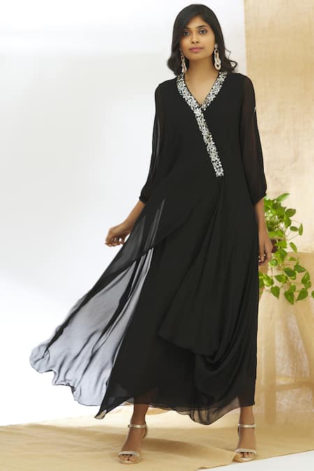 Aariyana Couture Black Georgette, Taffeta Embroidery V-neck Layered Draped Tunic Online at Aza Fashions Aariyana Couture_Black Georgette, Taffeta Embroidery V-neck Layered Draped Tunic_Online_at_Aza_Fashions