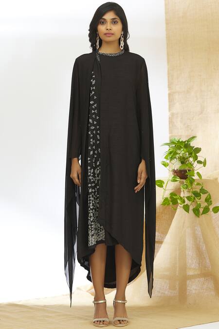 Shop_Aariyana Couture_Black Taffeta, Tussar Embroidery Round Neck Asymmetric Tunic_Online_at_Aza_Fashions