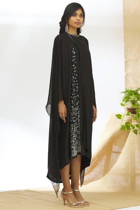 Aariyana Couture_Black Taffeta, Tussar Embroidery Round Neck Asymmetric Tunic_Online_at_Aza_Fashions