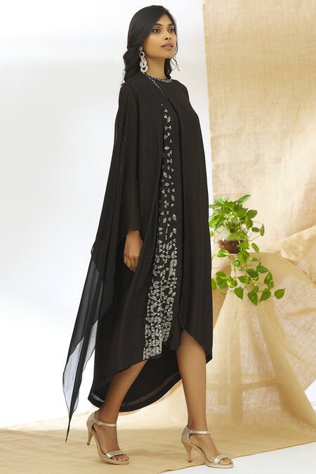 Buy_Aariyana Couture_Black Taffeta, Tussar Embroidery Round Neck Asymmetric Tunic_Online_at_Aza_Fashions
