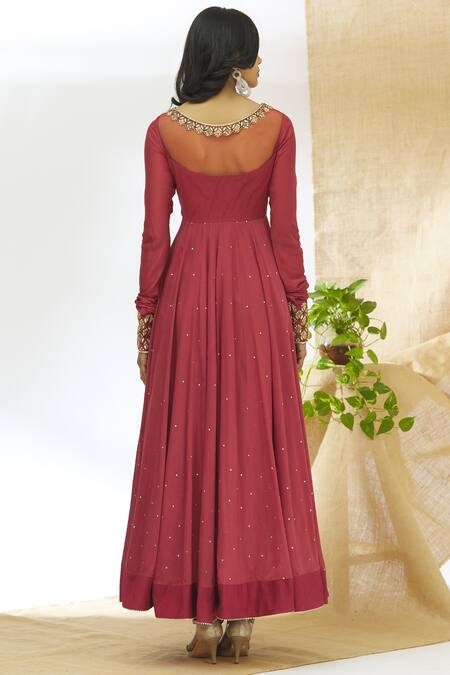 Shop Aariyana Couture Maroon Net, Muslin, Denim Sequins Round Neck Embroidered Anarkali Set at Aza Fashions Shop_Aariyana Couture_Maroon Net, Muslin, Denim Sequins Round Neck Embroidered Anarkali Set_at_Aza_Fashions