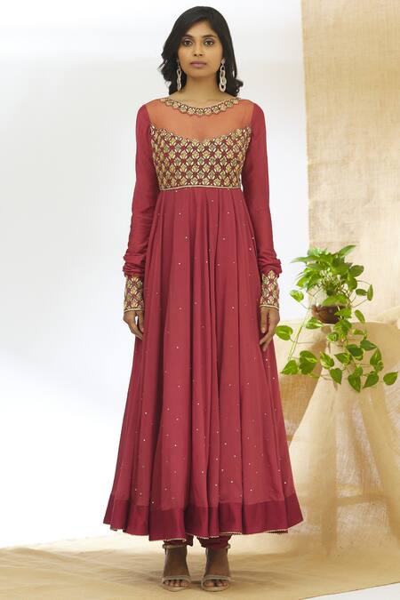 Shop Aariyana Couture Maroon Net, Muslin, Denim Sequins Round Neck Embroidered Anarkali Set Online at Aza Fashions Shop_Aariyana Couture_Maroon Net, Muslin, Denim Sequins Round Neck Embroidered Anarkali Set_Online_at_Aza_Fashions