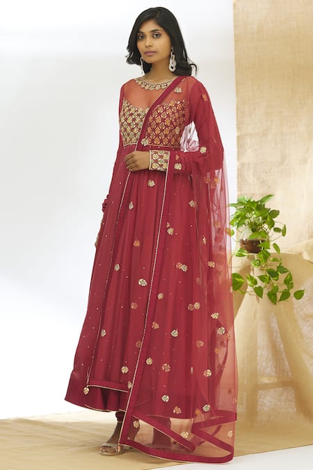 Aariyana Couture Maroon Muslin Round Embroidered Anarkali Set 