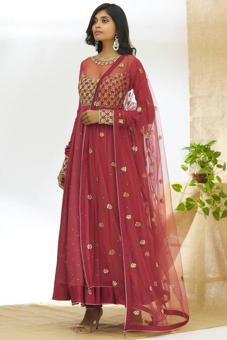 Buy Aariyana Couture Maroon Net, Muslin, Denim Sequins Round Neck Embroidered Anarkali Set Online at Aza Fashions Buy_Aariyana Couture_Maroon Net, Muslin, Denim Sequins Round Neck Embroidered Anarkali Set_Online_at_Aza_Fashions