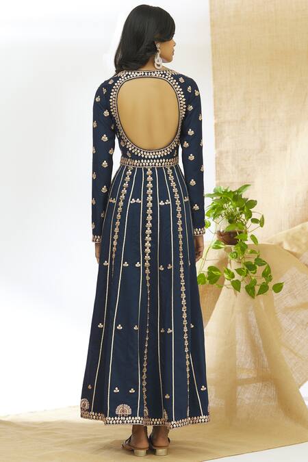 Shop Aariyana Couture Blue Net, Taffeta, Muslin Embroidery, Gota Patti Round Neck Anarkali Set at Aza Fashions Shop_Aariyana Couture_Blue Net, Taffeta, Muslin Embroidery, Gota Patti Round Neck Anarkali Set_at_Aza_Fashions