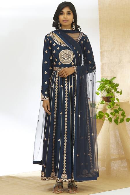 Aariyana Couture Blue Net, Taffeta, Muslin Embroidery, Gota Patti Round Neck Anarkali Set Online at Aza Fashions Aariyana Couture_Blue Net, Taffeta, Muslin Embroidery, Gota Patti Round Neck Anarkali Set_Online_at_Aza_Fashions