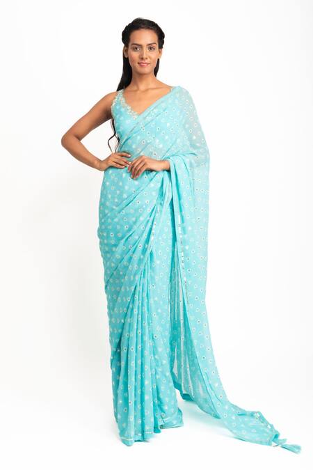 Buy Ice Blue Georgette Saree with Cape by Designer Mala and Kinnary Online  at Ogaan.com