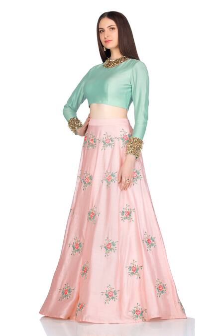 Salt And Spring Peach Chanderi Rose Motifs Round Embroidered Lehenga Set Online at Aza Fashions Salt And Spring_Peach Chanderi Rose Motifs Round Embroidered Lehenga Set _Online_at_Aza_Fashions
