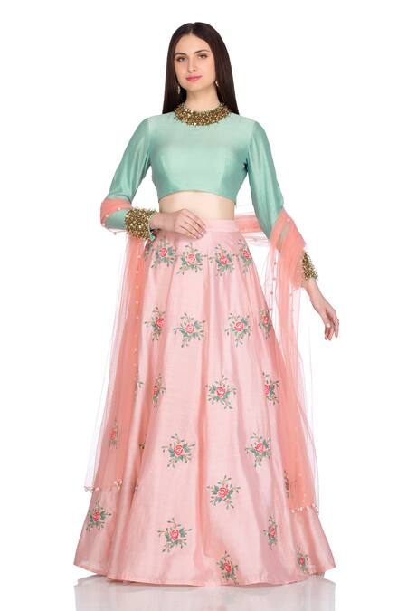 Buy Salt And Spring Peach Chanderi Rose Motifs Round Embroidered Lehenga Set Online at Aza Fashions Buy_Salt And Spring_Peach Chanderi Rose Motifs Round Embroidered Lehenga Set _Online_at_Aza_Fashions