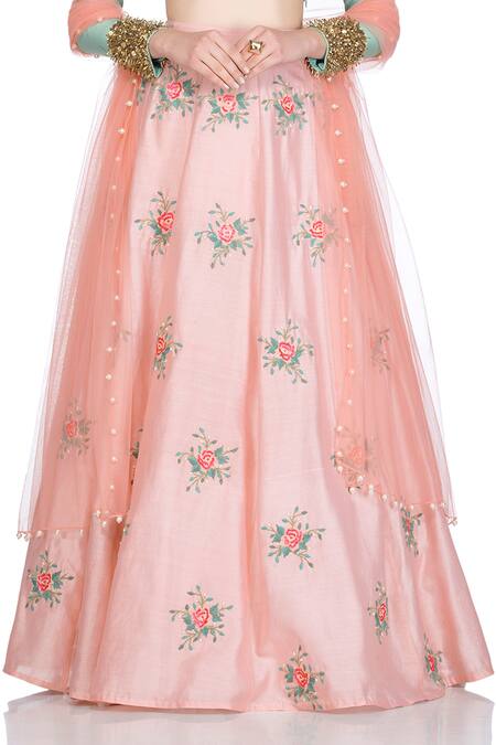 Shop Salt And Spring Peach Chanderi Rose Motifs Round Embroidered Lehenga Set Online at Aza Fashions Shop_Salt And Spring_Peach Chanderi Rose Motifs Round Embroidered Lehenga Set _Online_at_Aza_Fashions
