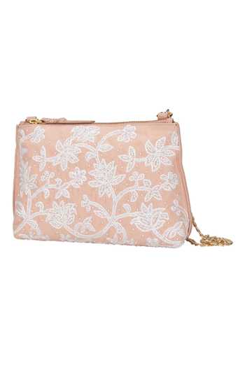 The Leather Garden_Peach Embroidery, Pearls Carnation Embellished Bag With Sling _Online_at_Aza_Fashions