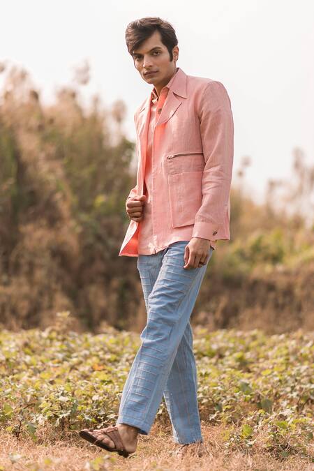 Vaani Beswal_Pink Handwoven Linen Jacket_Online_at_Aza_Fashions