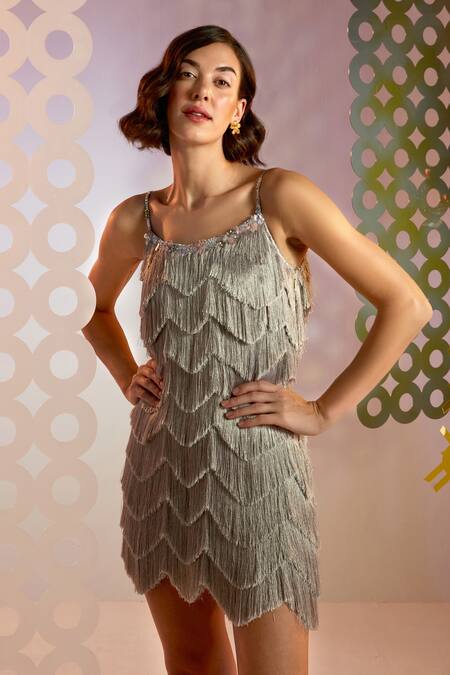 Shop_Pankaj & Nidhi_Grey Tulle Bead Work, Sequins Square Neck Cascade Fringe Dress_Online_at_Aza_Fashions
