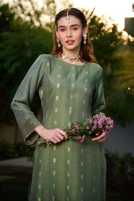 Shop_Safaa_Green Velvet, Silk Gota Patti, Ameera Floral Stripe Pattern Woven Kurta Set _Online_at_Aza_Fashions