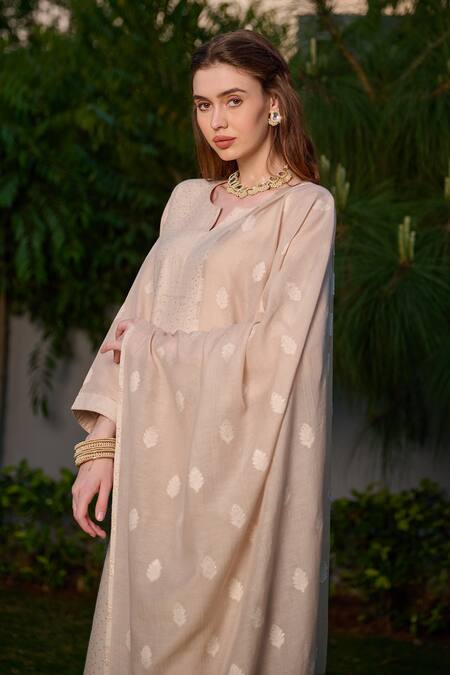 Buy Safaa Beige Velvet Embroidery Round Neck Saaz Chikankari Pattern Woven Kurta Set Online at Aza Fashions Buy_Safaa_Beige Velvet Embroidery Round Neck Saaz Chikankari Pattern Woven Kurta Set _Online_at_Aza_Fashions