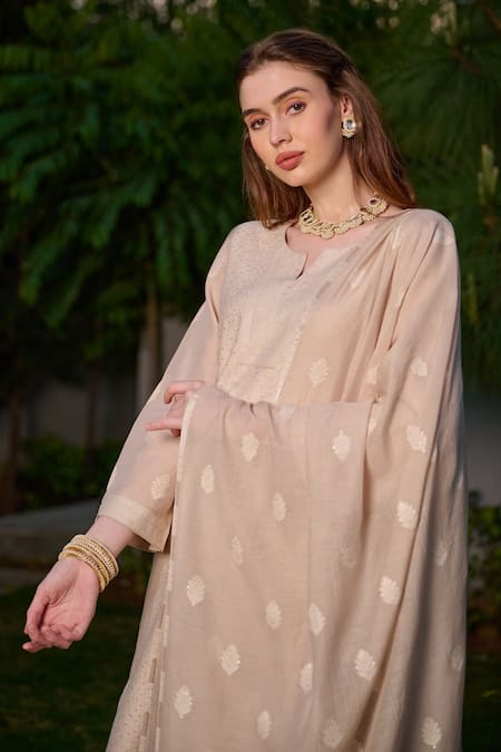 Shop Safaa Beige Velvet Embroidery Round Neck Saaz Chikankari Pattern Woven Kurta Set Online at Aza Fashions Shop_Safaa_Beige Velvet Embroidery Round Neck Saaz Chikankari Pattern Woven Kurta Set _Online_at_Aza_Fashions