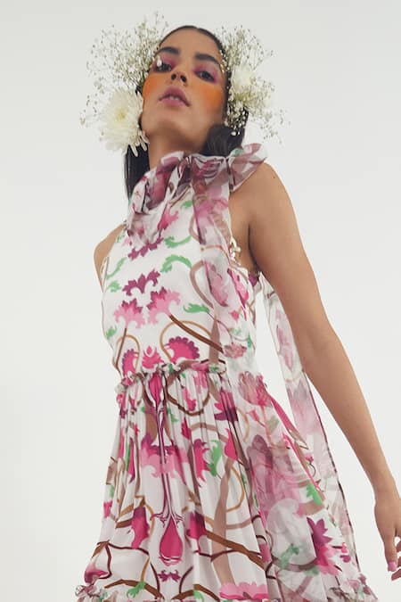 Shop Limerick By Abirr N' Nanki White Organza, Crepe Tie-up Floral Print Dress at Aza Fashions Shop_Limerick By Abirr N' Nanki_White Organza, Crepe Tie-up Floral Print Dress _at_Aza_Fashions