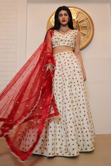 Shloka Sudhakar White Chambray Embroidery V Neck Bridal Lehenga Set 