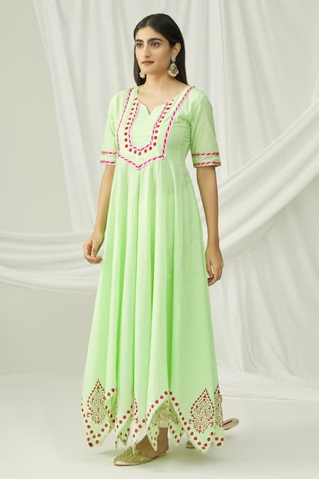 Samyukta Singhania Green Cotton Notched Printed Tunic For Women