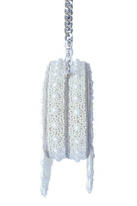 Adora By Ankita_Beige Embroidered Floral Bead Tassel Clutch _Online_at_Aza_Fashions