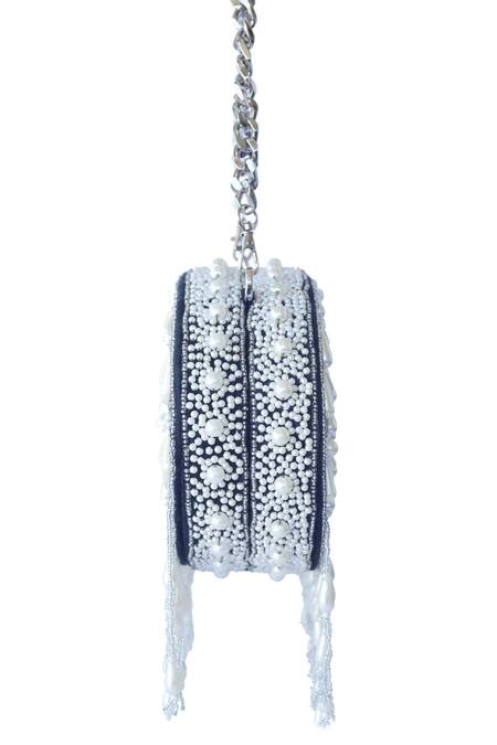 Adora By Ankita_Black Embroidered Floral Bead Tassel Clutch _Online_at_Aza_Fashions