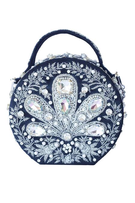 Adora By Ankita_Black Embroidered Velvet Floral Crystal Clutch _Online_at_Aza_Fashions