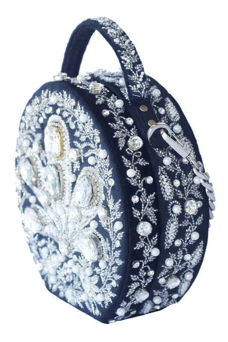 Buy_Adora By Ankita_Black Embroidered Velvet Floral Crystal Clutch _Online_at_Aza_Fashions
