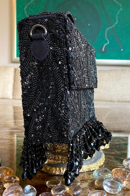 Adora By Ankita_Black Beads Zebra Cristal Flapper Clutch With Sling _Online_at_Aza_Fashions