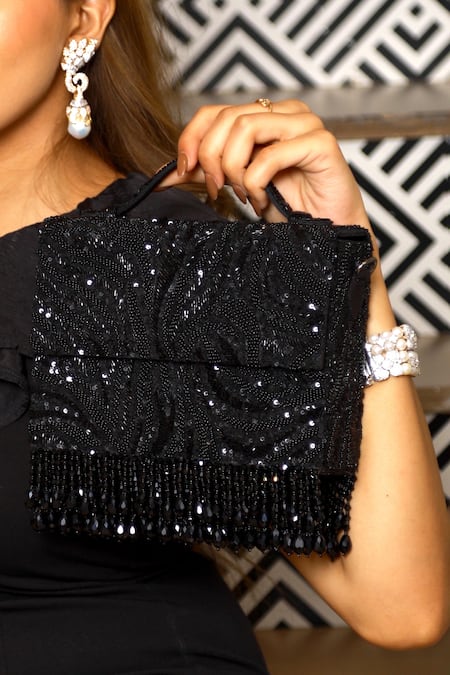 Buy_Adora By Ankita_Black Beads Zebra Cristal Flapper Clutch With Sling _Online_at_Aza_Fashions