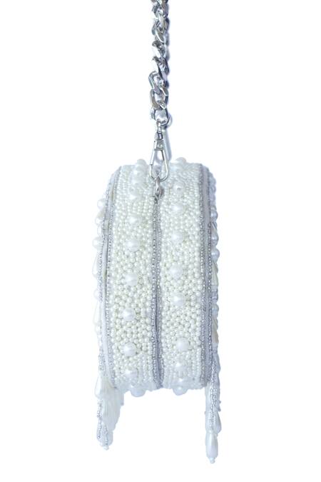 Adora By Ankita_Beige Embroidery Floral Bead Tassel Clutch _Online_at_Aza_Fashions