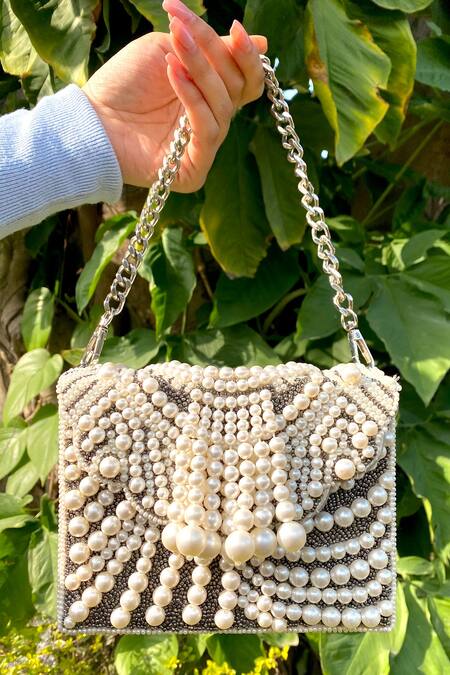 Adora By Ankita Grey Pearl Arabia Embellished Clutch With Sling Online at Aza Fashions Adora By Ankita_Grey Pearl Arabia Embellished Clutch With Sling _Online_at_Aza_Fashions