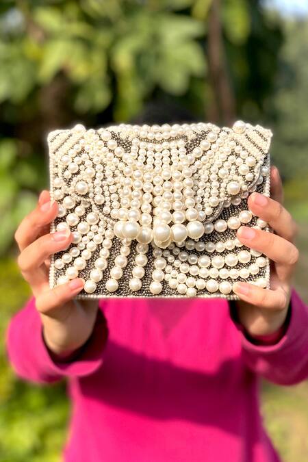 Buy Adora By Ankita Grey Pearl Arabia Embellished Clutch With Sling Online at Aza Fashions Buy_Adora By Ankita_Grey Pearl Arabia Embellished Clutch With Sling _Online_at_Aza_Fashions