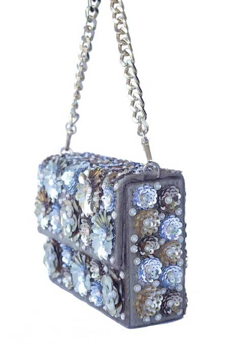 Adora By Ankita_Gold Embroidered Velvet Flap Box Clutch _Online_at_Aza_Fashions